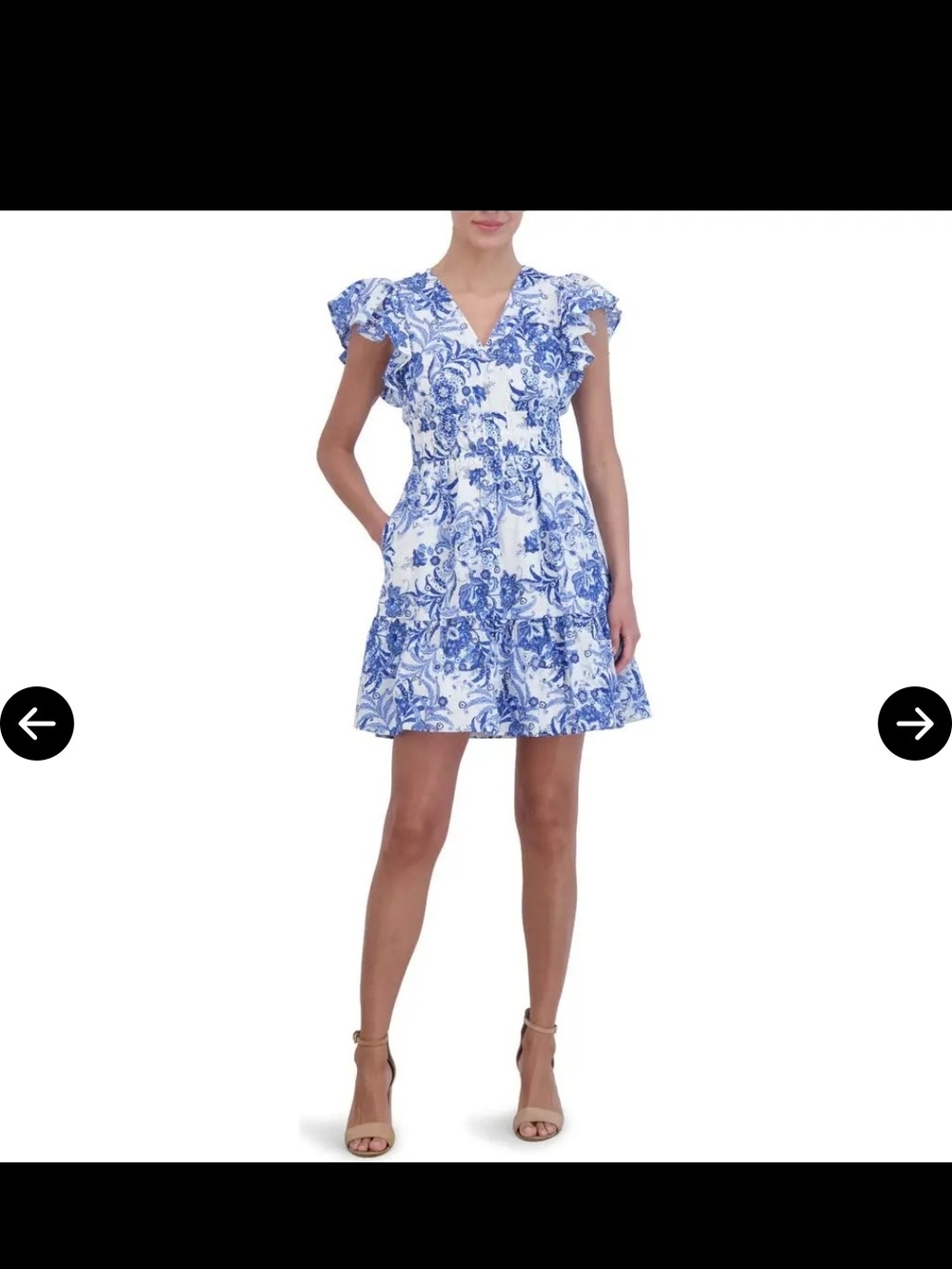 Eliza J Blue White Floral Eyelet Ruffle Sleeve Fit & Flare Mini Dress Size 14